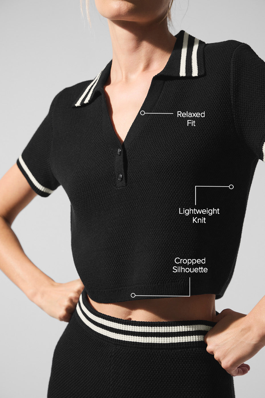 Alo Yoga Tennis Club Sweater Knit Cropped Polo - Black/Ivory