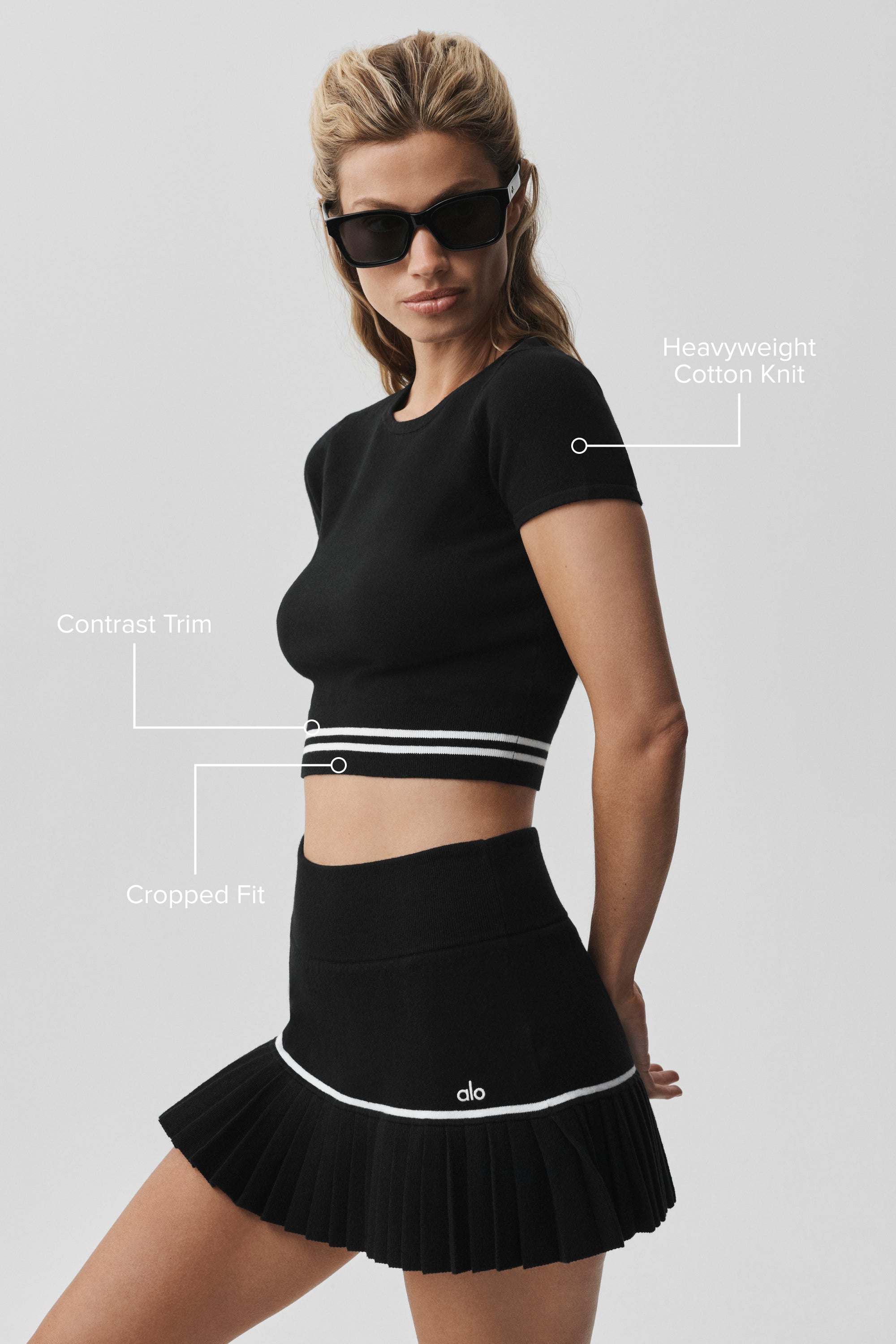 Alo Yoga Scholar Knit My Serve Short Sleeve - Black/White