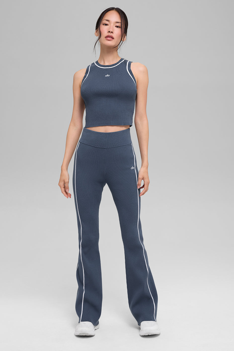 Alo Yoga Ribbed Sweater Knit Highline Cropped Tank - Bluestone/White