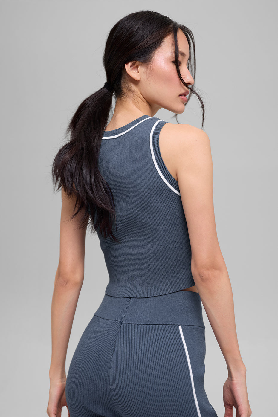Alo Yoga Ribbed Sweater Knit Highline Cropped Tank - Bluestone/White