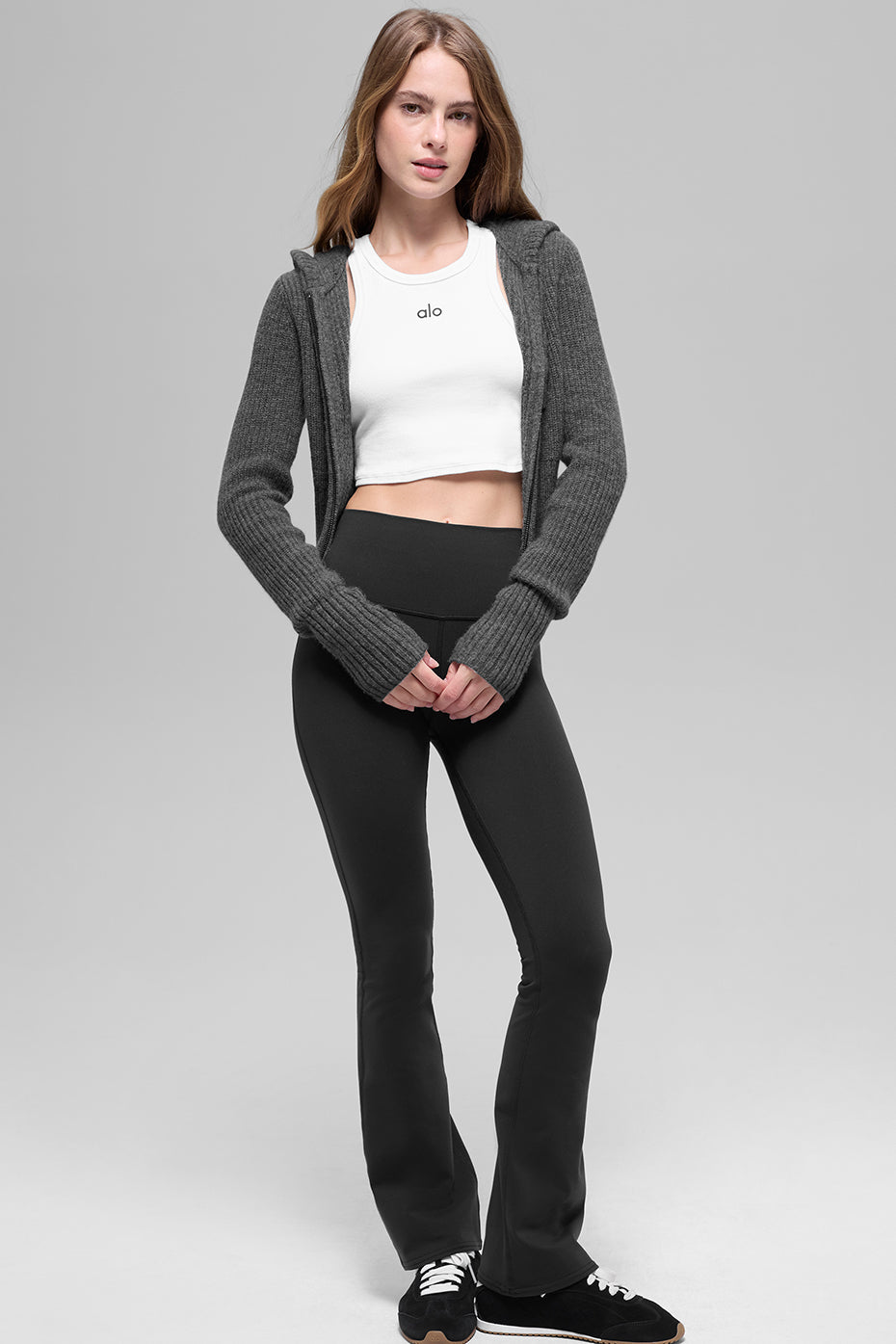 Alo Yoga Wool Cashmere Ribbed Noble Full Zip Hoodie - Platinum Grey