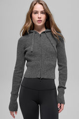Alo Yoga Wool Cashmere Ribbed Noble Full Zip Hoodie - Platinum Grey
