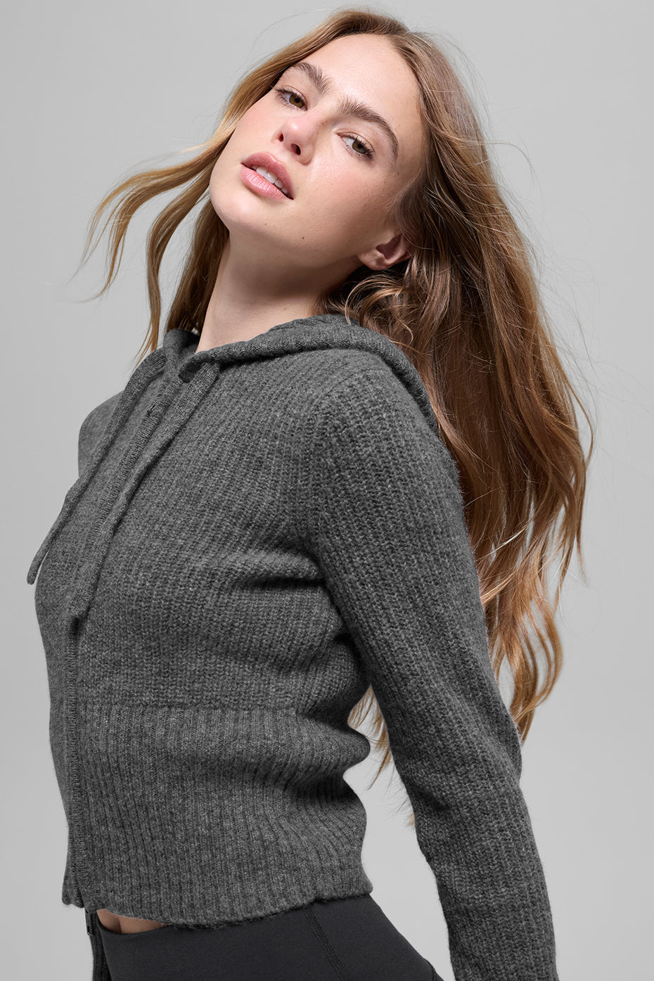 Alo Yoga Wool Cashmere Ribbed Noble Full Zip Hoodie - Platinum Grey