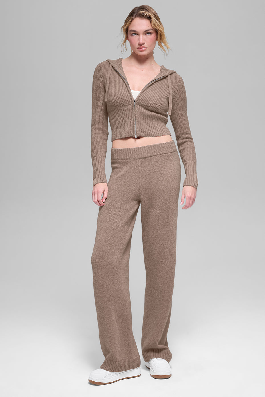 Alo Yoga Wool Cashmere Ribbed Noble Full Zip Hoodie - Chai Latte