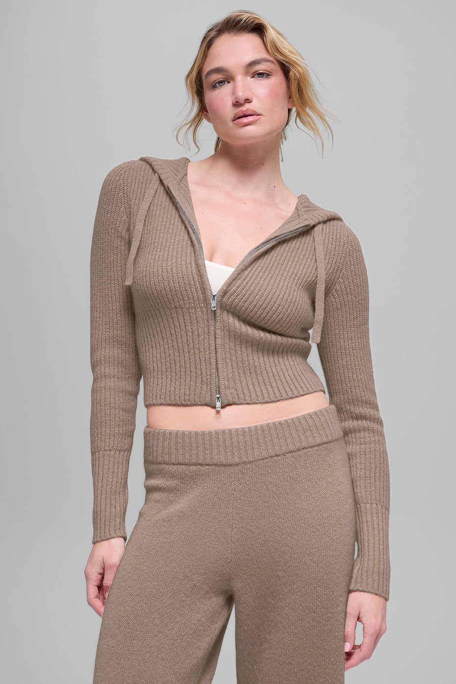 Alo Yoga Wool Cashmere Ribbed Noble Full Zip Hoodie - Chai Latte