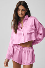 Alo Yoga Silk Luminous Cropped Button Down Long Sleeve - Candy Heart Pink