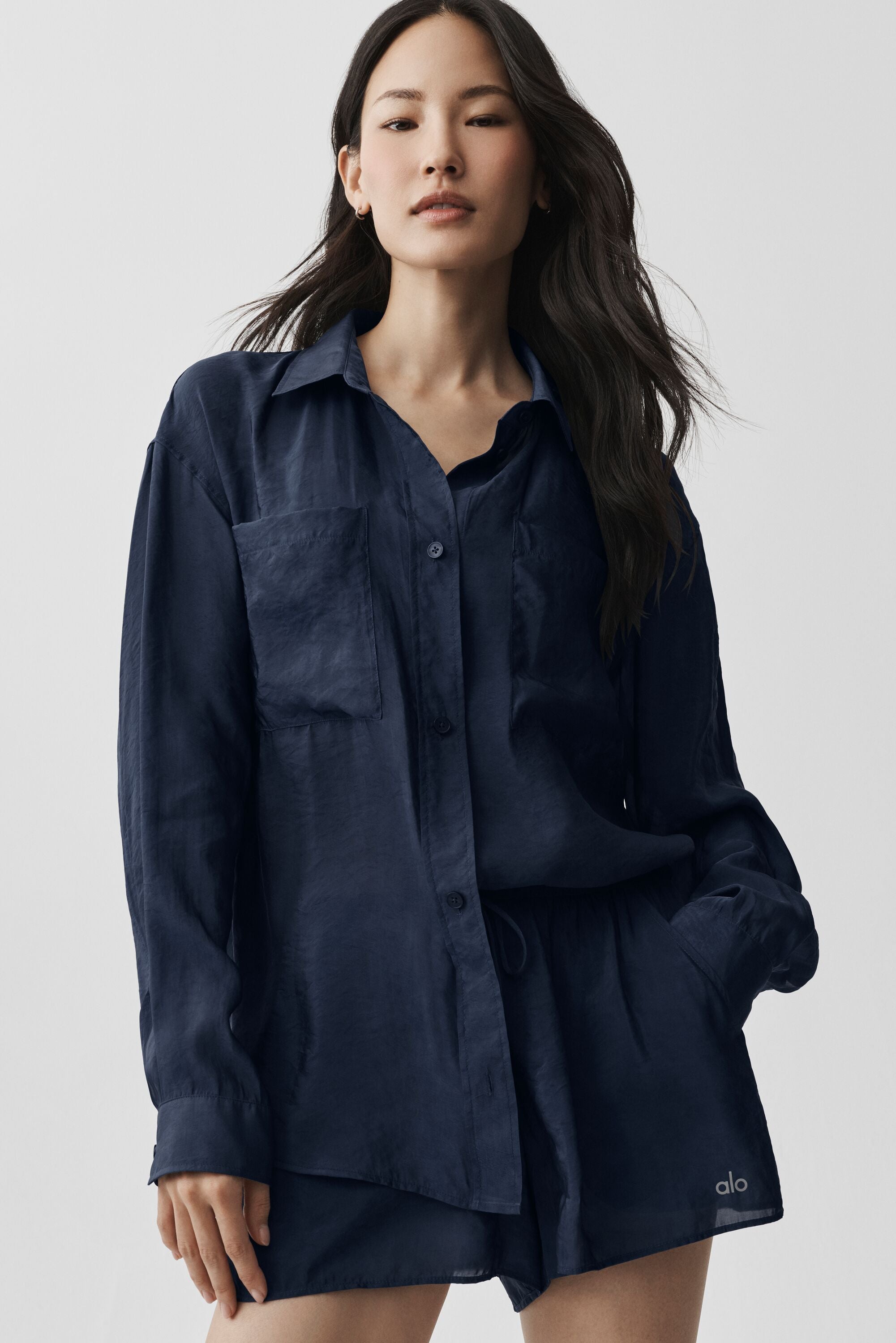 Alo Yoga Semi-Sheer Golden Hour Button Down Long Sleeve - Navy