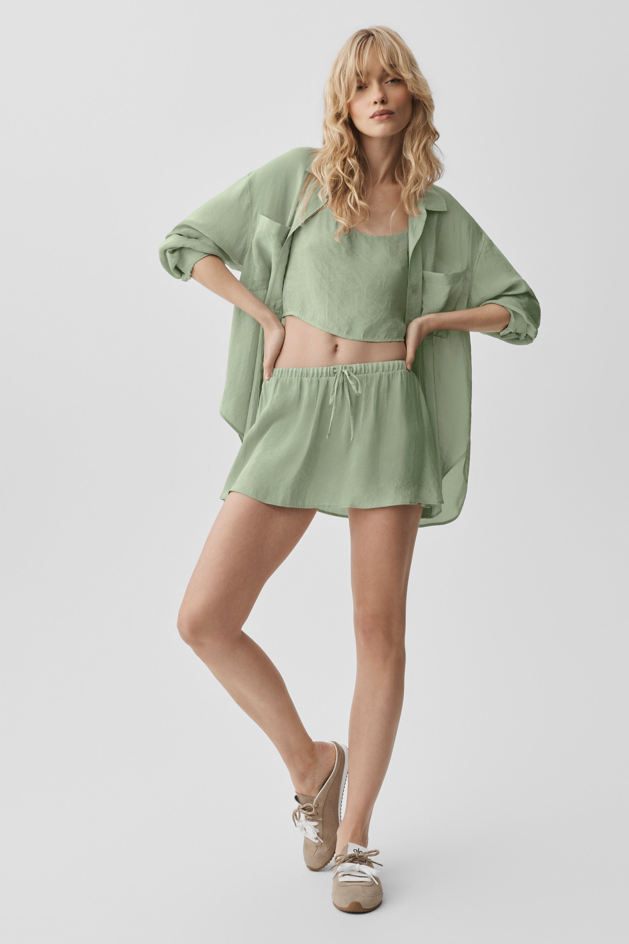 Alo Yoga Semi-Sheer Golden Hour Button Down Long Sleeve - Dune Grass