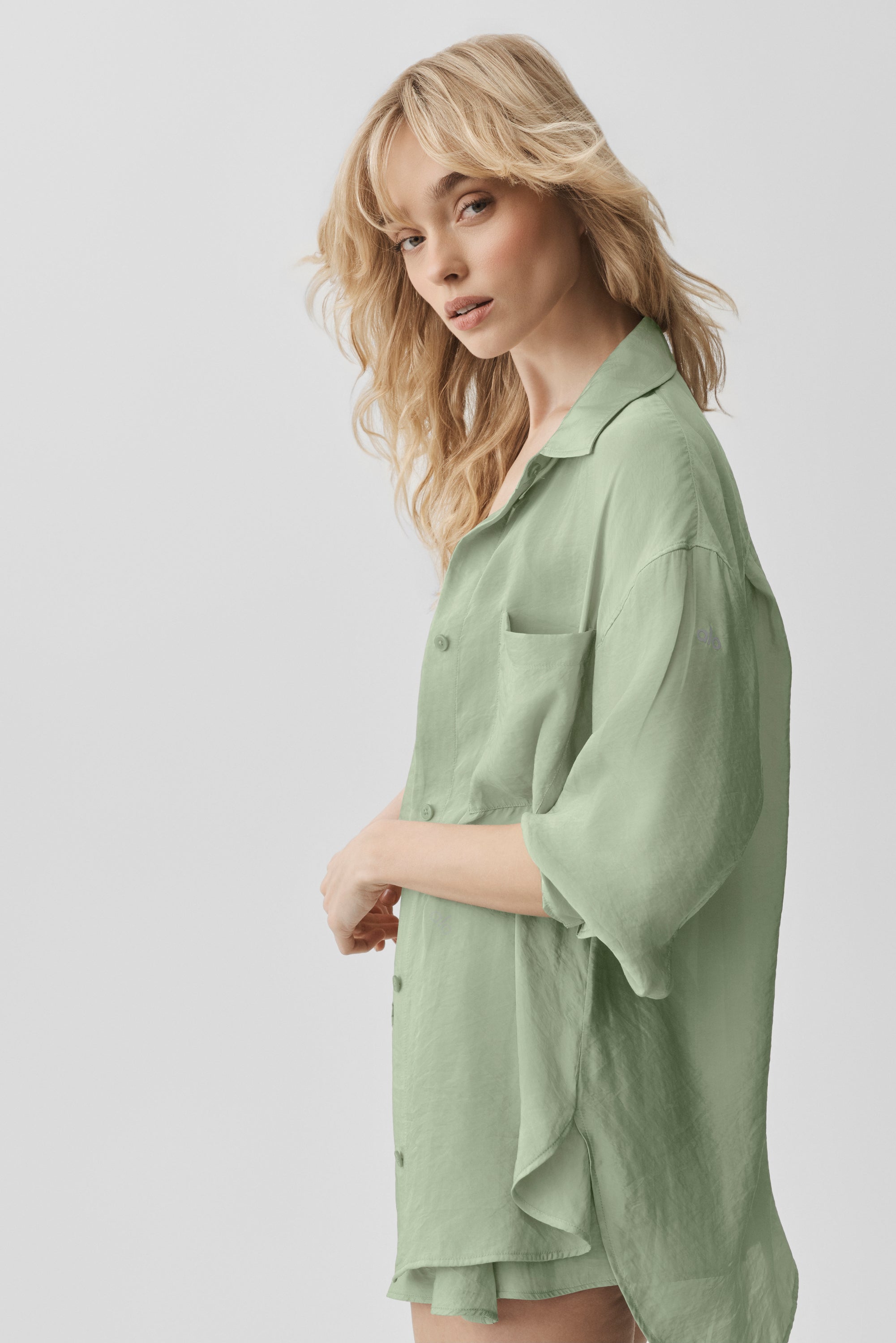 Alo Yoga Semi-Sheer Golden Hour Button Down Long Sleeve - Dune Grass