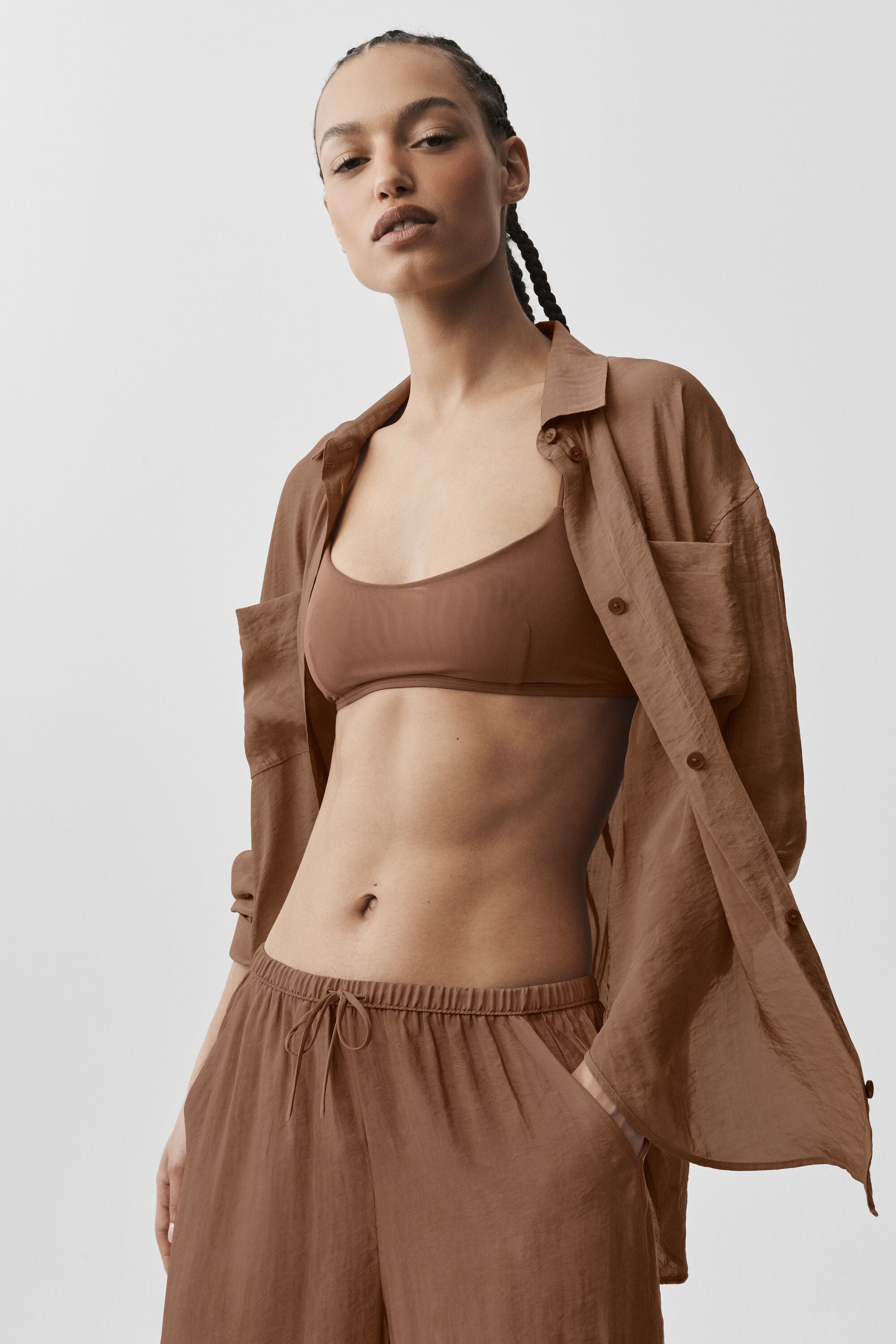 Alo Yoga Semi-Sheer Golden Hour Button Down Long Sleeve - Sun Kissed Brown