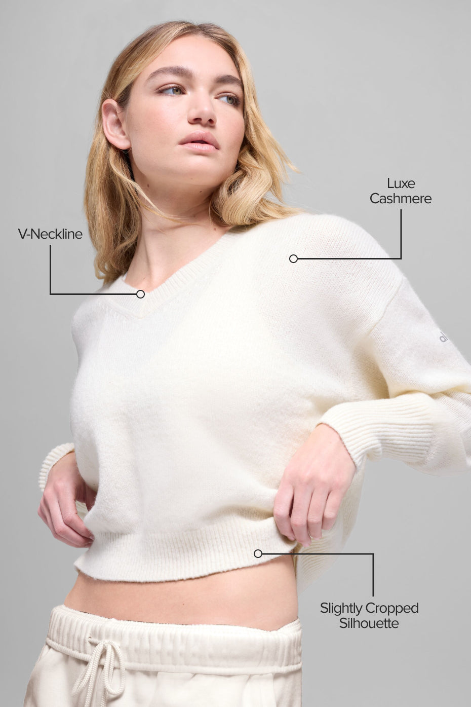 Alo Yoga Wool Cashmere Cropped New Class V-Neck Sweater - Ivory