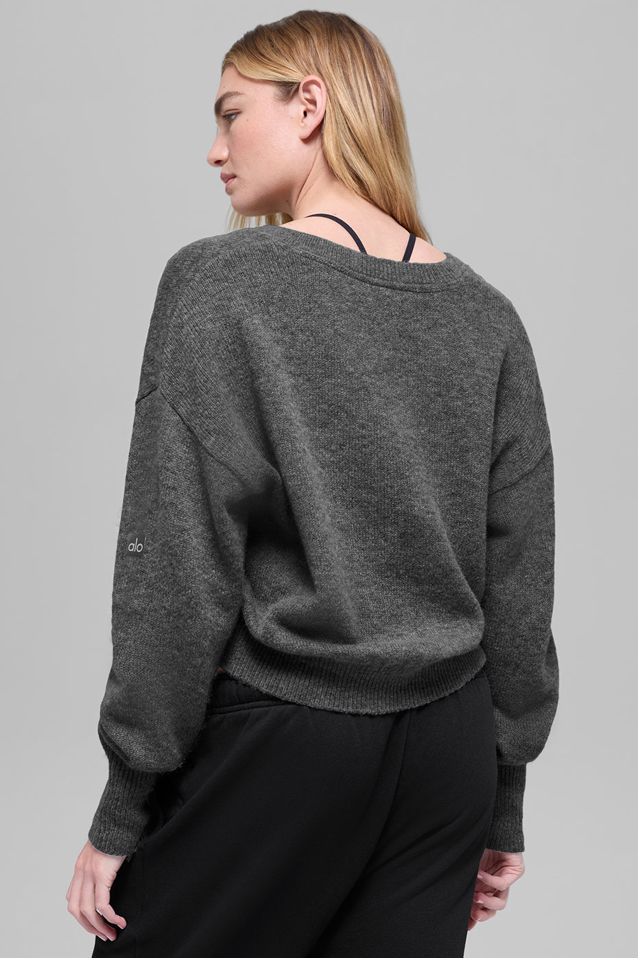 Alo Yoga Wool Cashmere Cropped New Class V-Neck Sweater - Platinum Grey