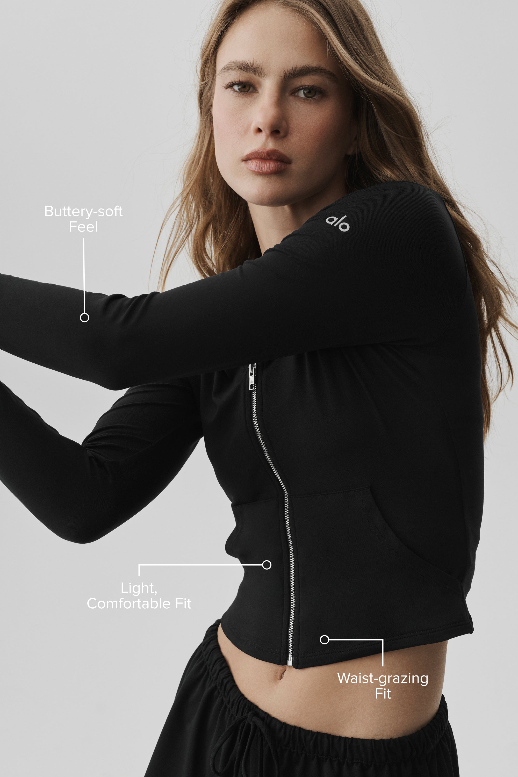 Alo Yoga Alosoft Finesse Full Zip Fitted Hoodie - Black