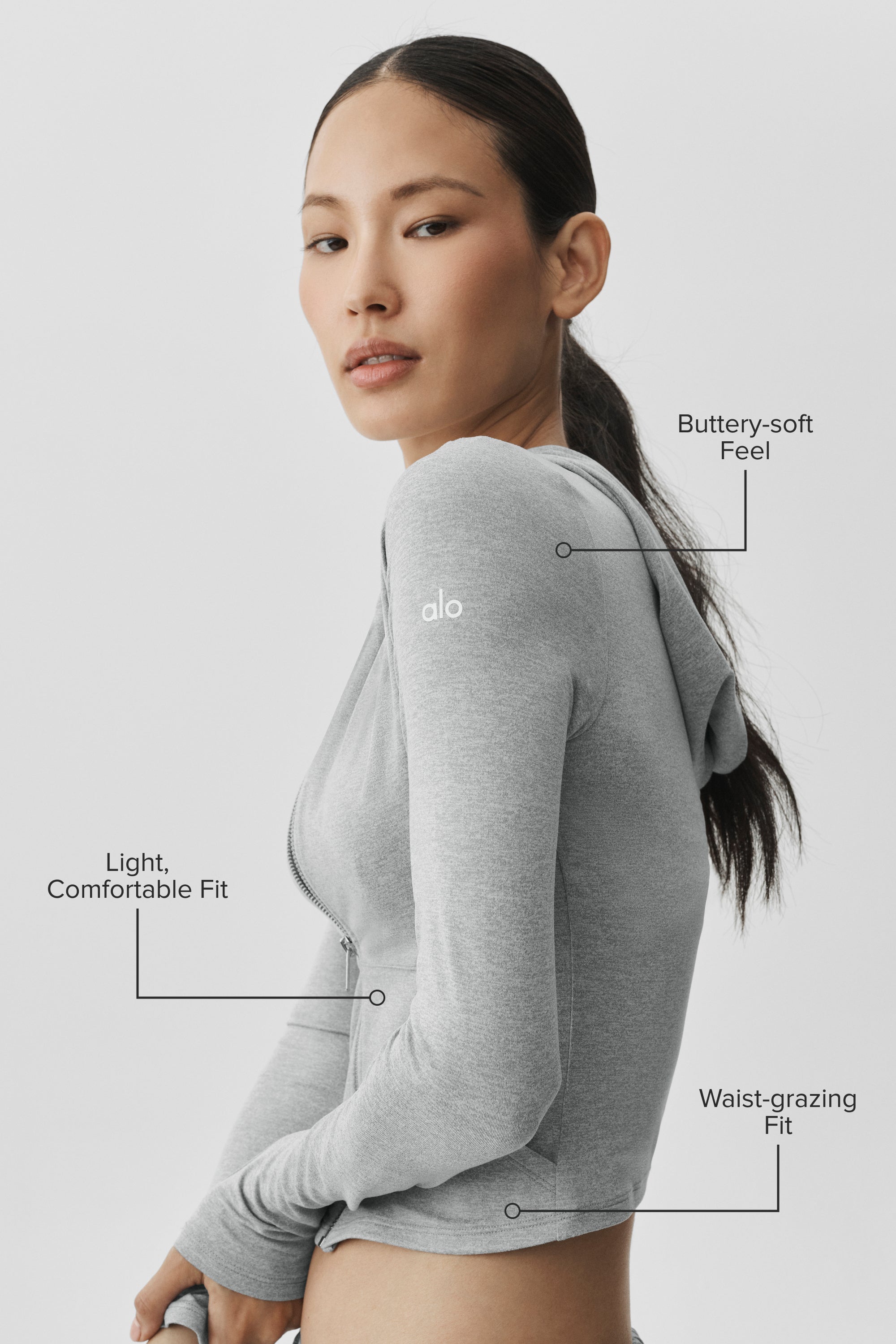 Alo Yoga Alosoft Finesse Full Zip Fitted Hoodie - Vintage Athletic Heather