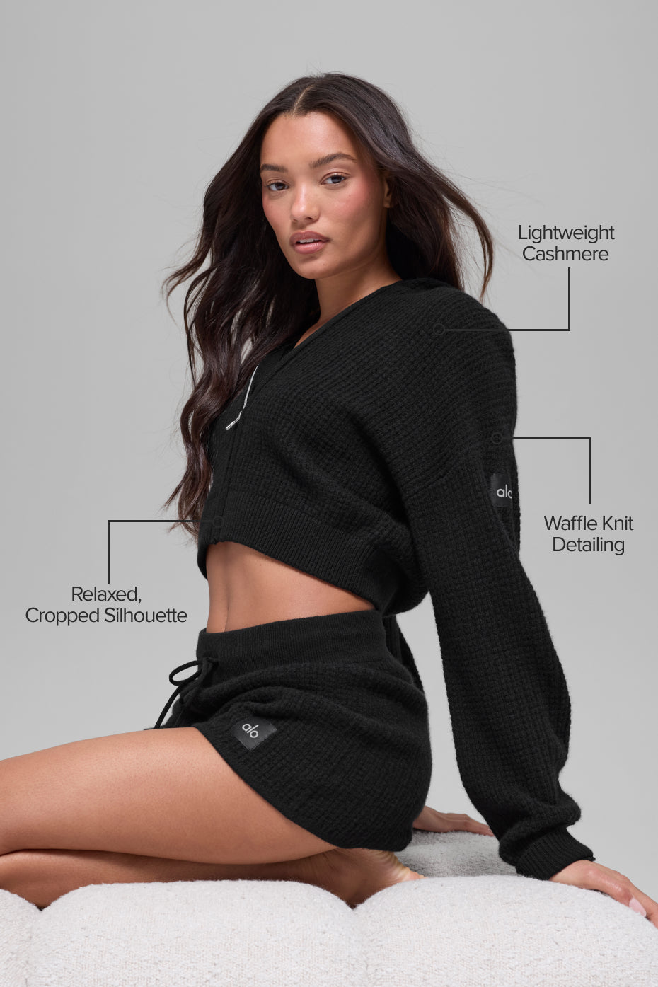 Alo Yoga Cashmere Plush Waffle Full Zip Hoodie - Black