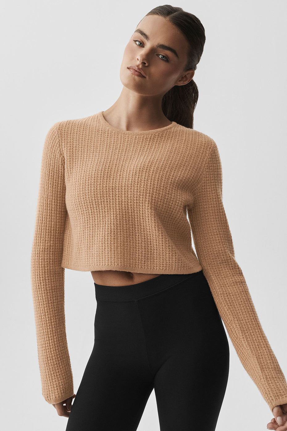 Alo Yoga Cashmere Plush Waffle Cropped Long Sleeve - Toasted Almond