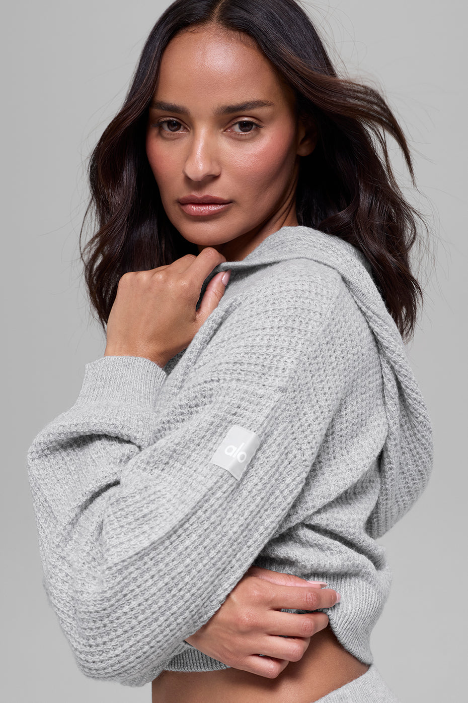 Alo Yoga Cashmere Plush Waffle Full Zip Hoodie - Athletic Heather Grey