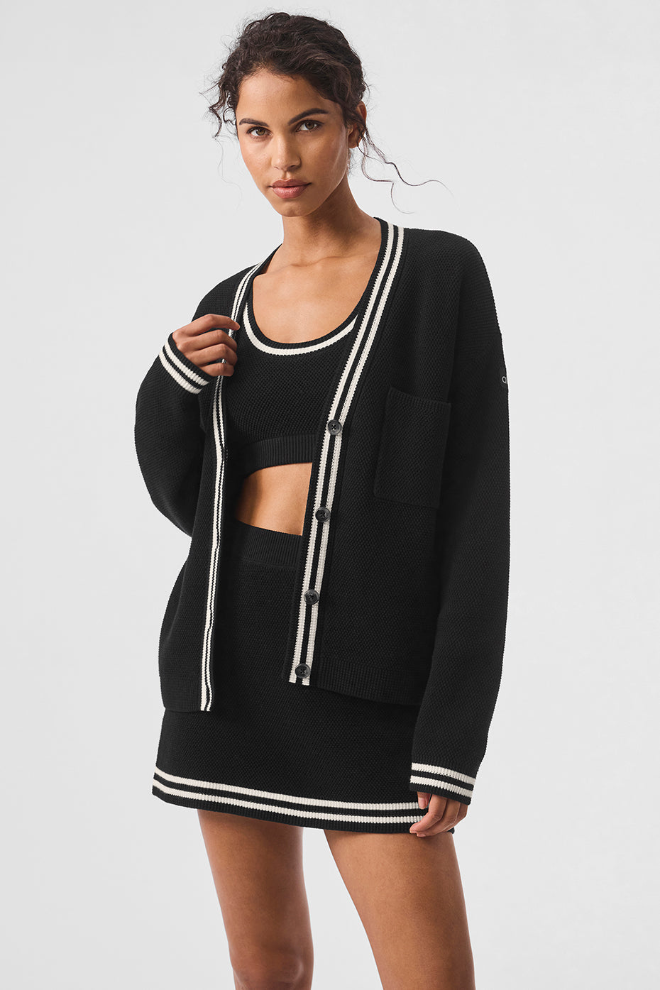 Alo Yoga Tennis Club Sweater Knit Cardigan - Black/Ivory