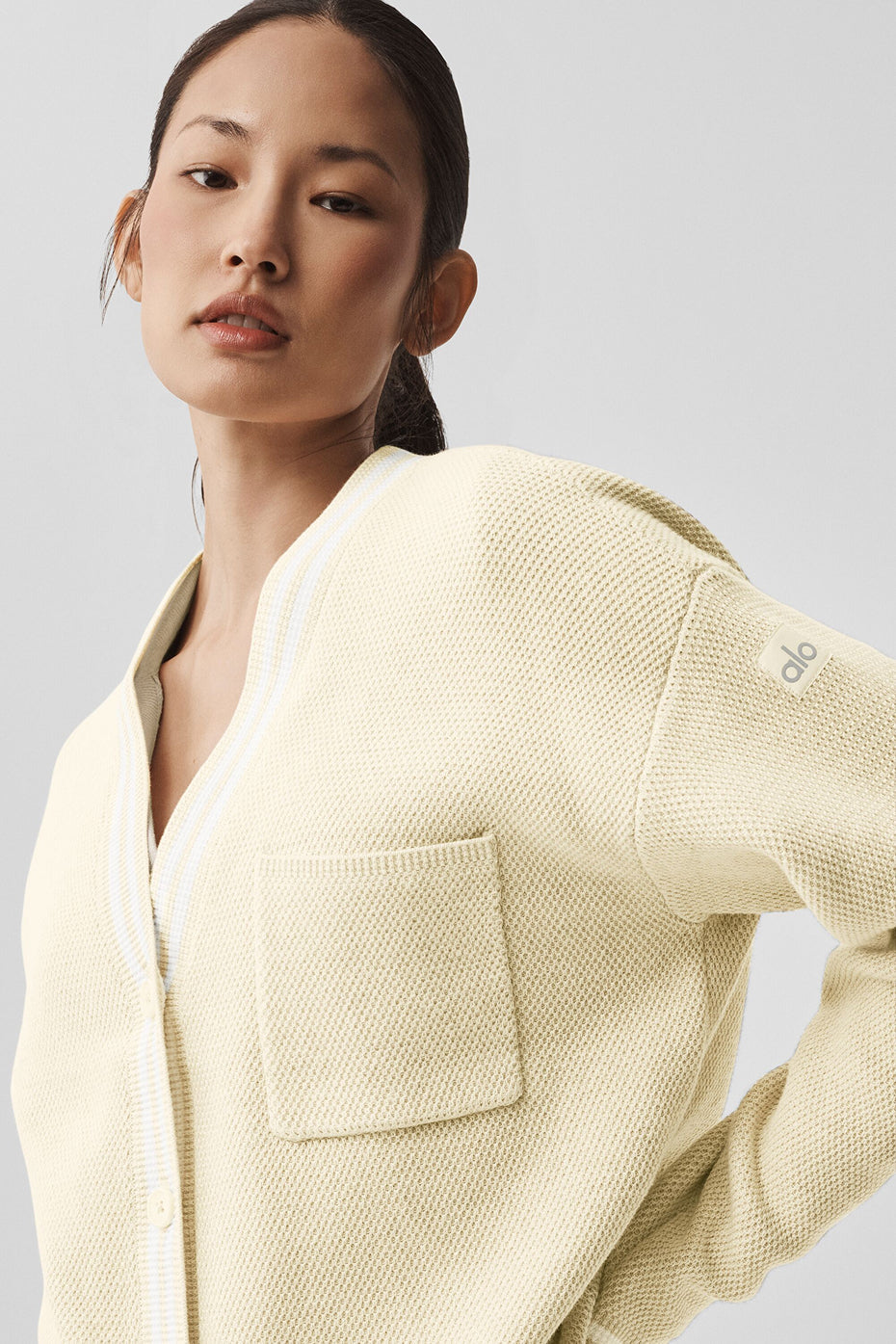 Alo Yoga Tennis Club Sweater Knit Cardigan - Oatmeal/White