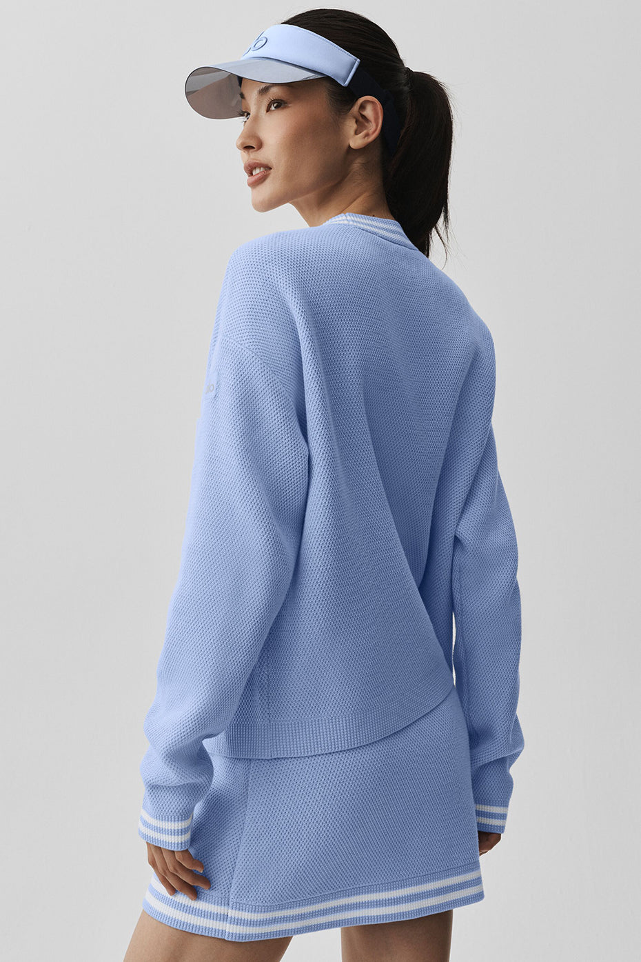 Alo Yoga Tennis Club Sweater Knit Cardigan - Light Provence Blue/White