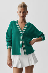 Alo Yoga Tennis Club Sweater Knit Cardigan - Emerald Isle/Ivory