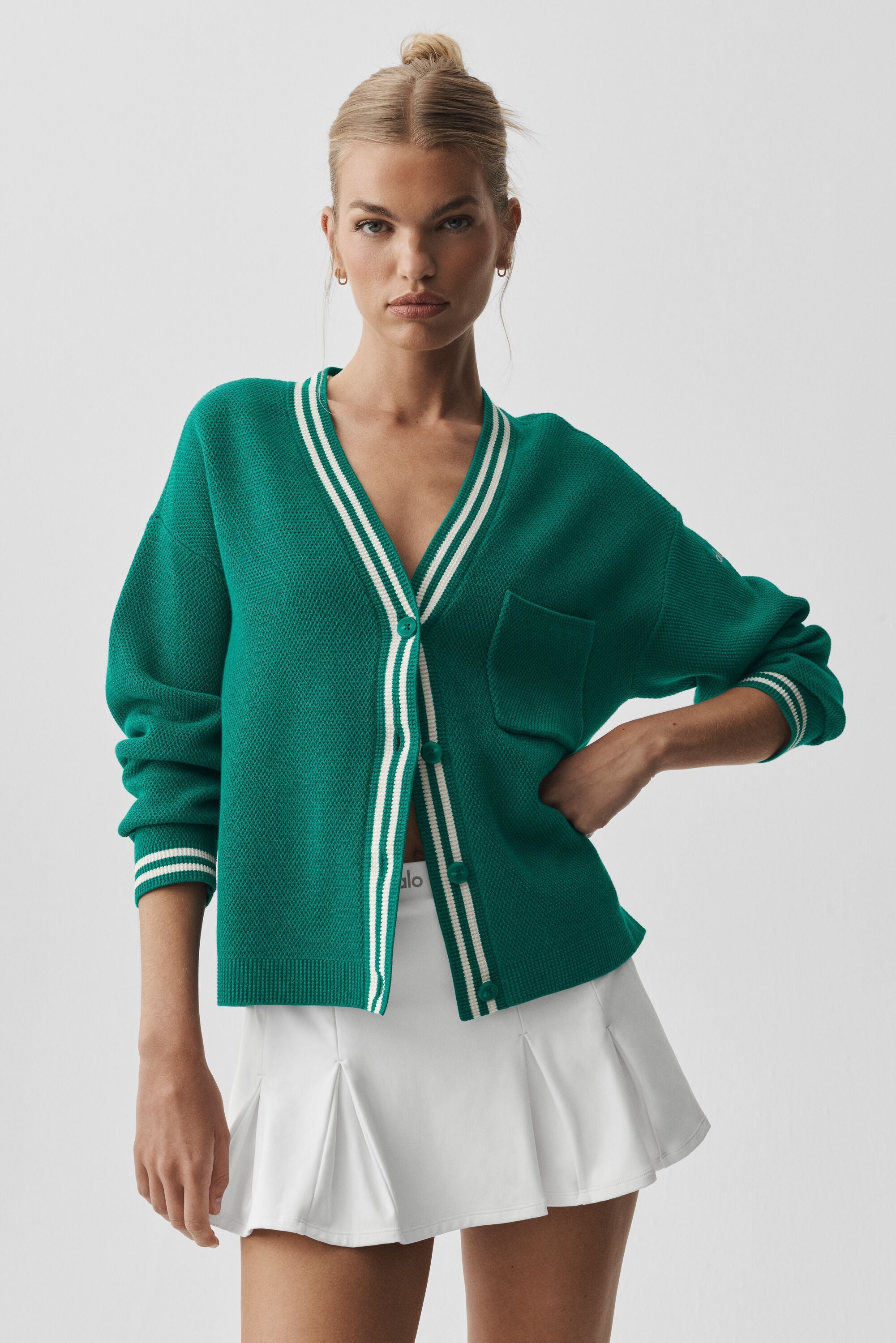 Alo Yoga Tennis Club Sweater Knit Cardigan - Emerald Isle/Ivory