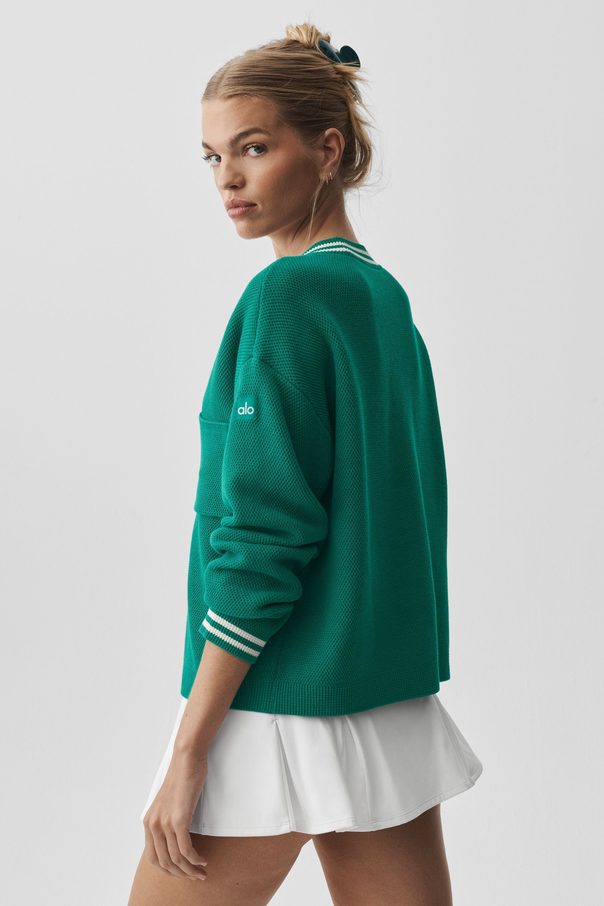 Alo Yoga Tennis Club Sweater Knit Cardigan - Emerald Isle/Ivory