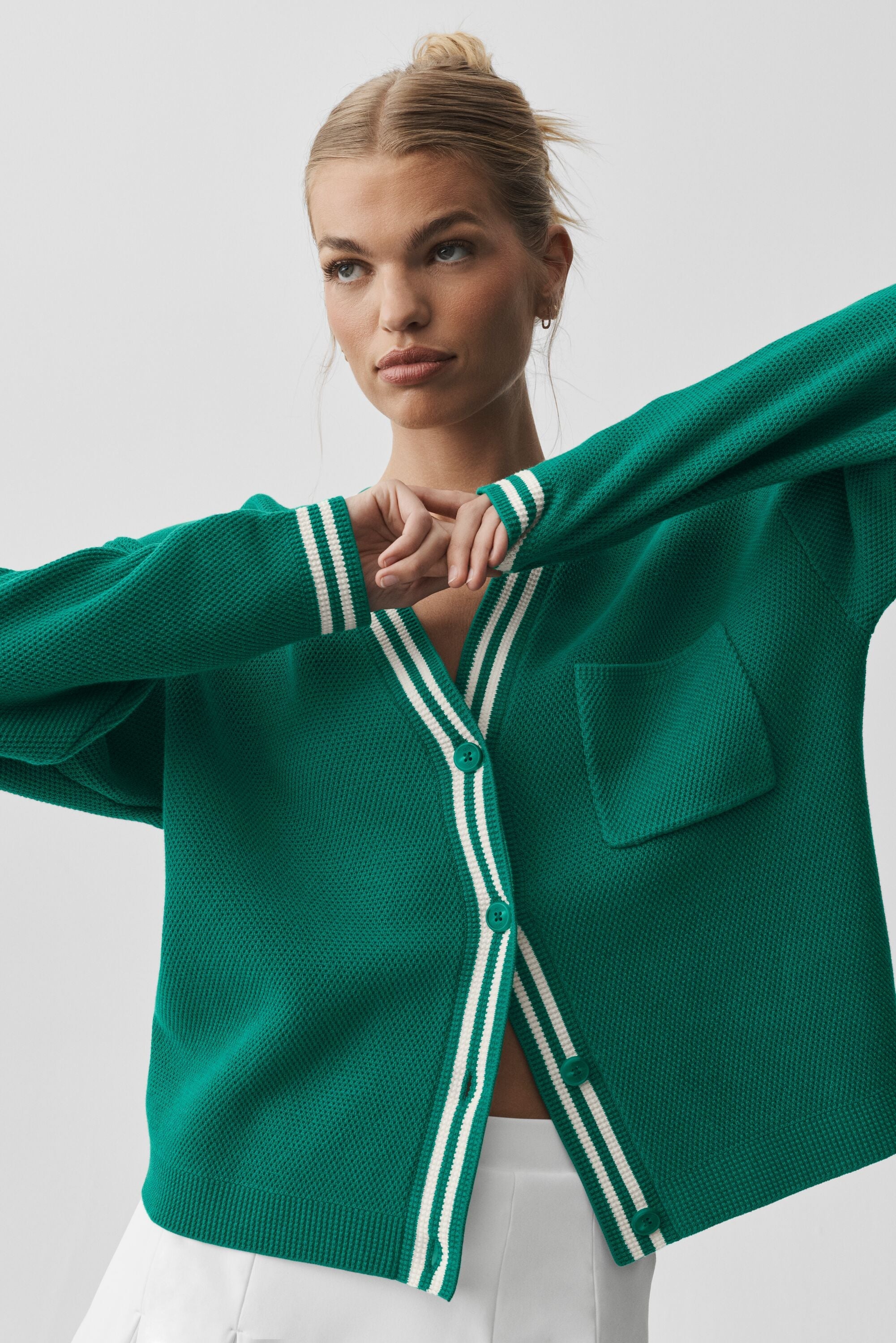 Alo Yoga Tennis Club Sweater Knit Cardigan - Emerald Isle/Ivory