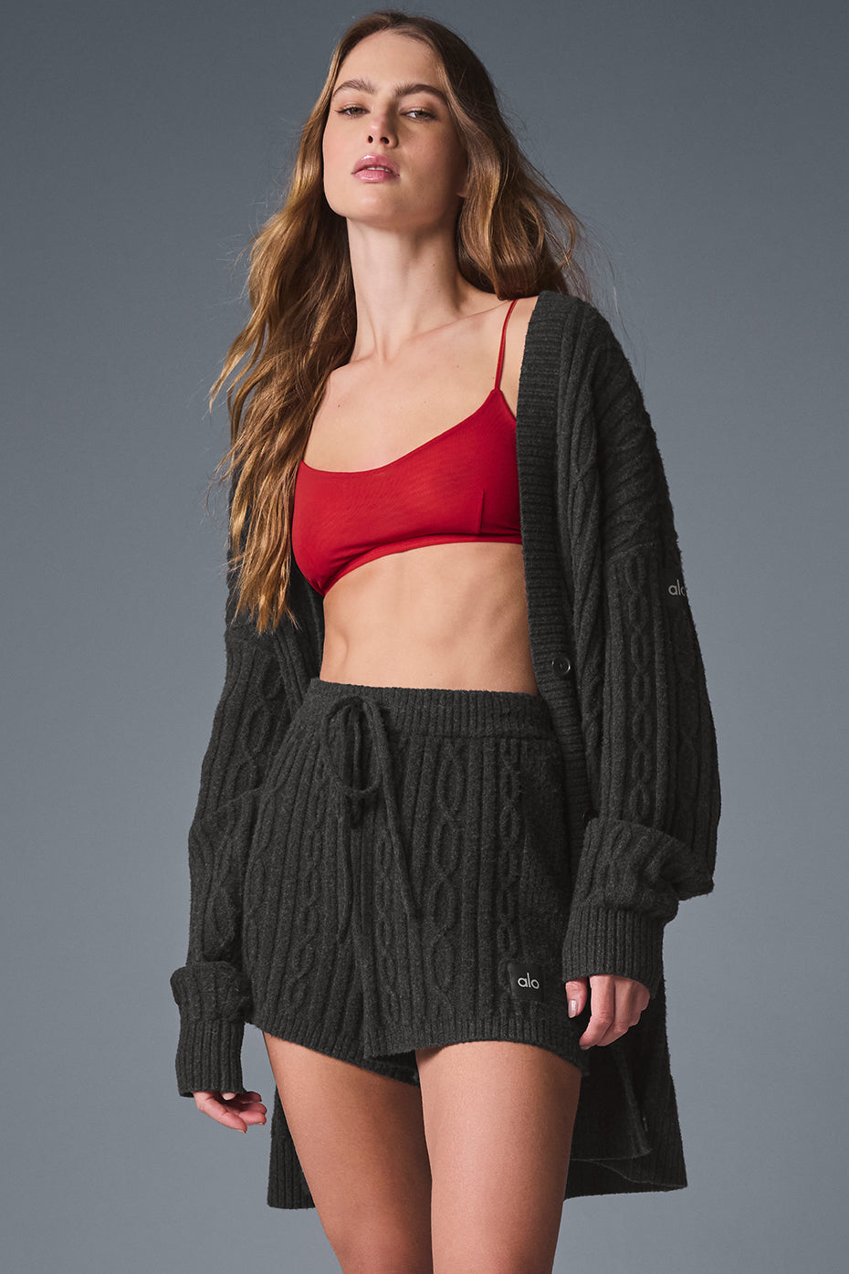 Alo Yoga Cable Knit Winter Bliss Cardigan - Dark Heather Grey