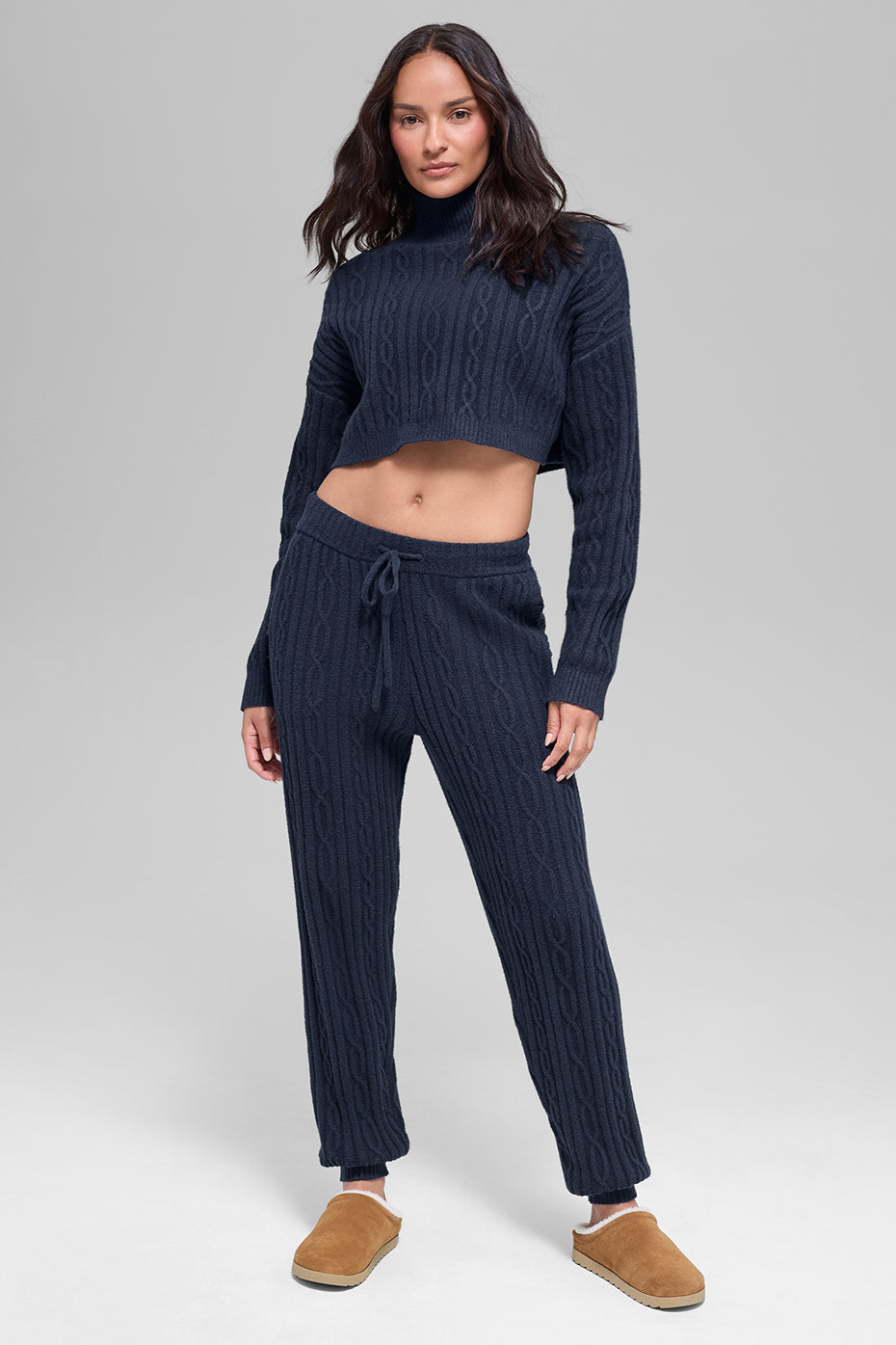 Alo Yoga Cable Knit Cropped Winter Bliss Turtleneck Long Sleeve - Navy