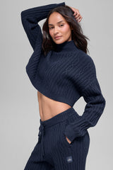 Alo Yoga Cable Knit Cropped Winter Bliss Turtleneck Long Sleeve - Navy