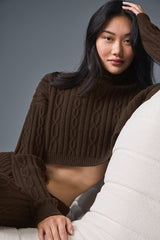 Alo Yoga Cable Knit Cropped Winter Bliss Turtleneck Long Sleeve - Espresso