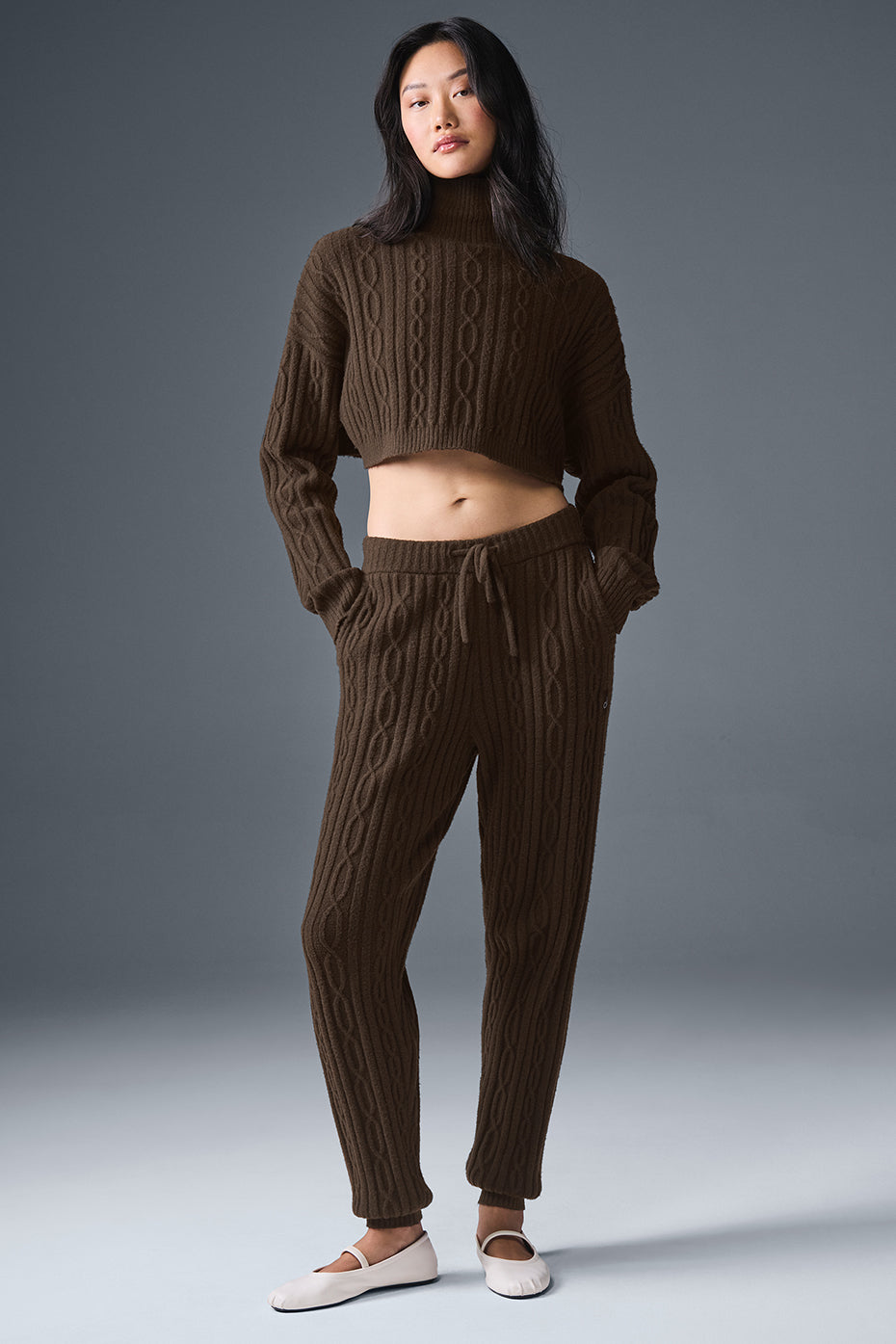 Alo Yoga Cable Knit Cropped Winter Bliss Turtleneck Long Sleeve - Espresso