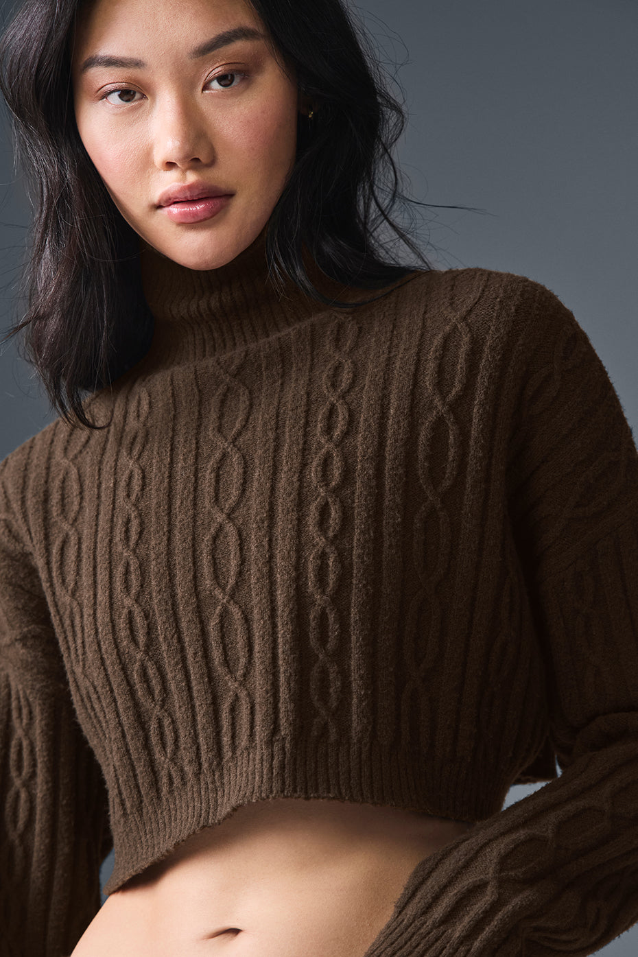 Alo Yoga Cable Knit Cropped Winter Bliss Turtleneck Long Sleeve - Espresso