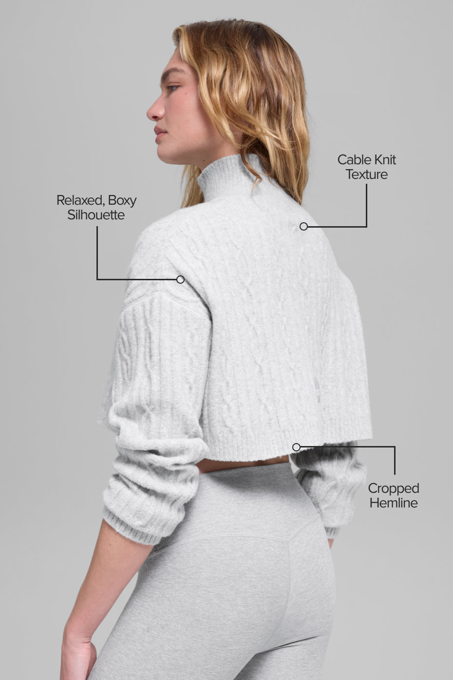 Alo Yoga Cable Knit Cropped Winter Bliss Turtleneck Long Sleeve - Athletic Heather Grey