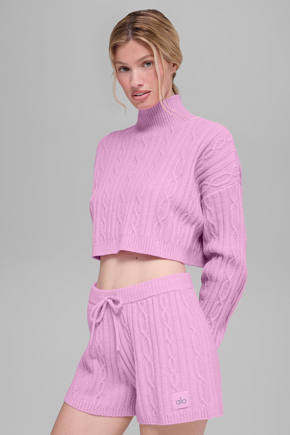 Alo Yoga Cable Knit Cropped Winter Bliss Turtleneck Long Sleeve - Candy Heart Pink