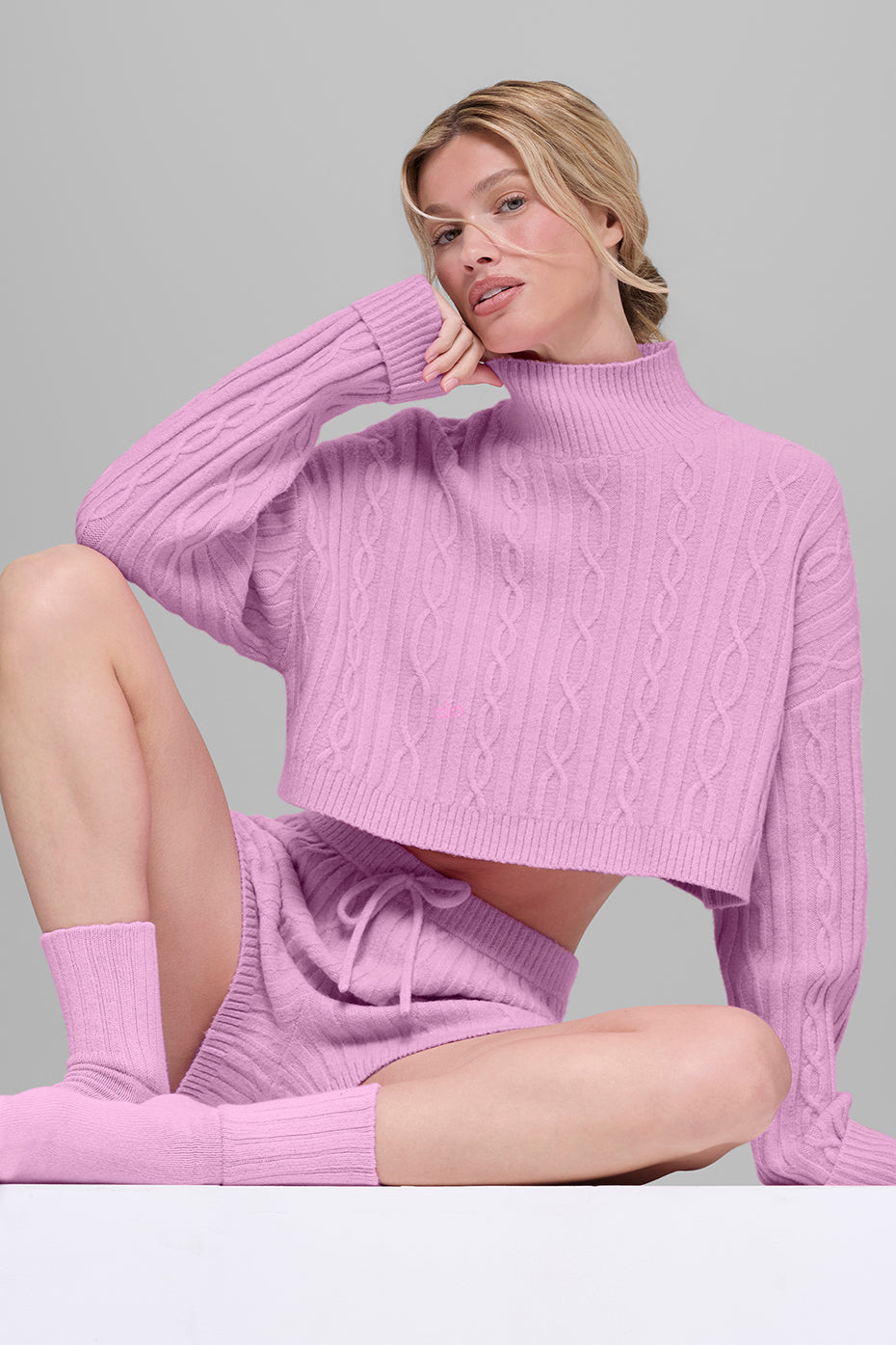 Alo Yoga Cable Knit Cropped Winter Bliss Turtleneck Long Sleeve - Candy Heart Pink