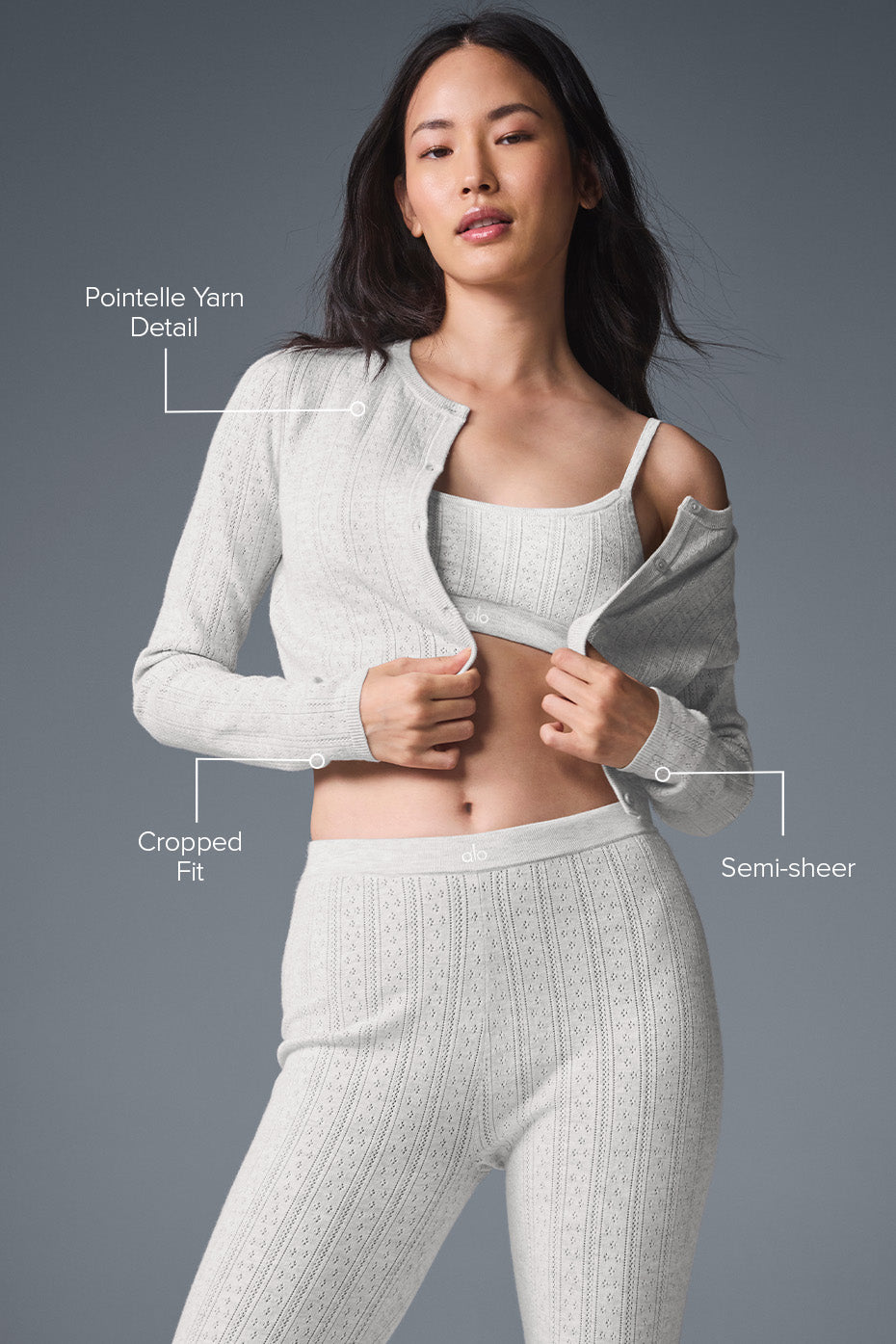 Alo Yoga Pointelle Sweater Be Mine Cardigan - Light Grey Heather