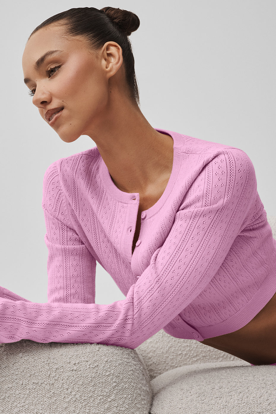 Alo Yoga Pointelle Sweater Be Mine Cardigan - Candy Heart Pink