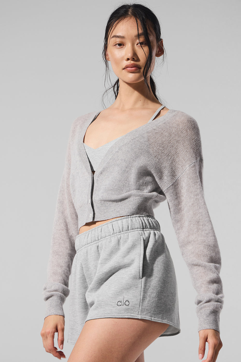 Alo Yoga Sheer Cashmere Cropped Cardigan - Athletic Heather Grey