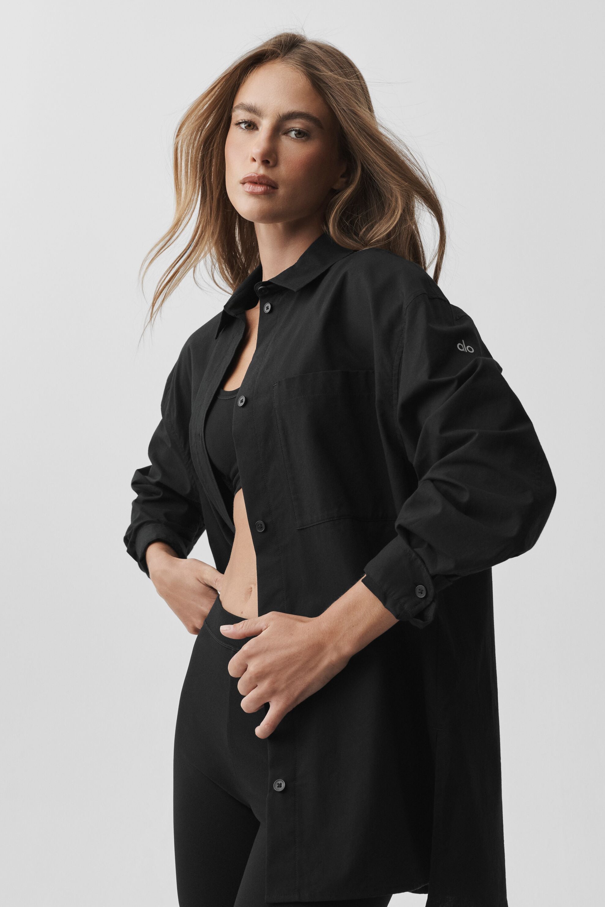 Alo Yoga Cotton Real Deal Button Up Long Sleeve - Black