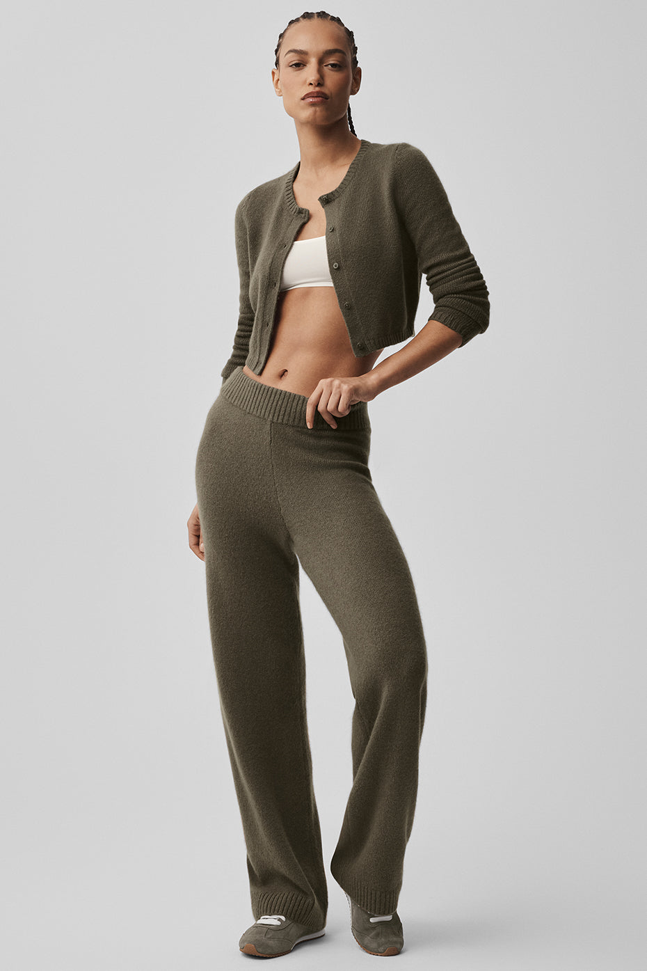 Alo Yoga Wool Cashmere New Class Cropped Cardigan - Olive Tree