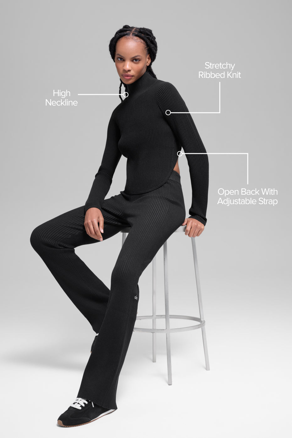 Alo Yoga Denim Knit Backless Long Sleeve - Black/Anthracite