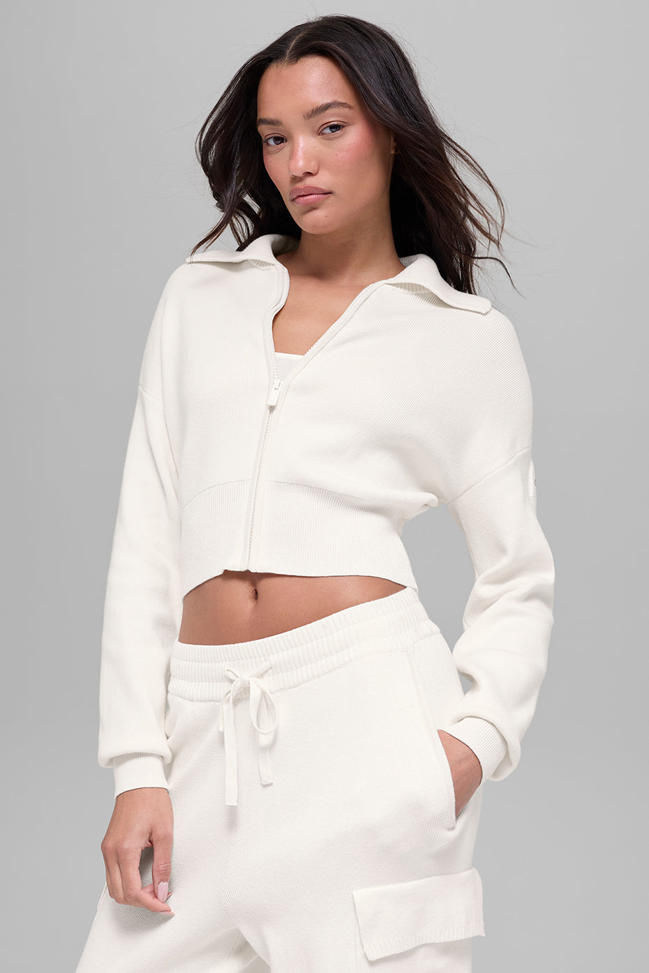Alo Yoga Scholar Knit Cropped Full Zip Jacket - Ivory