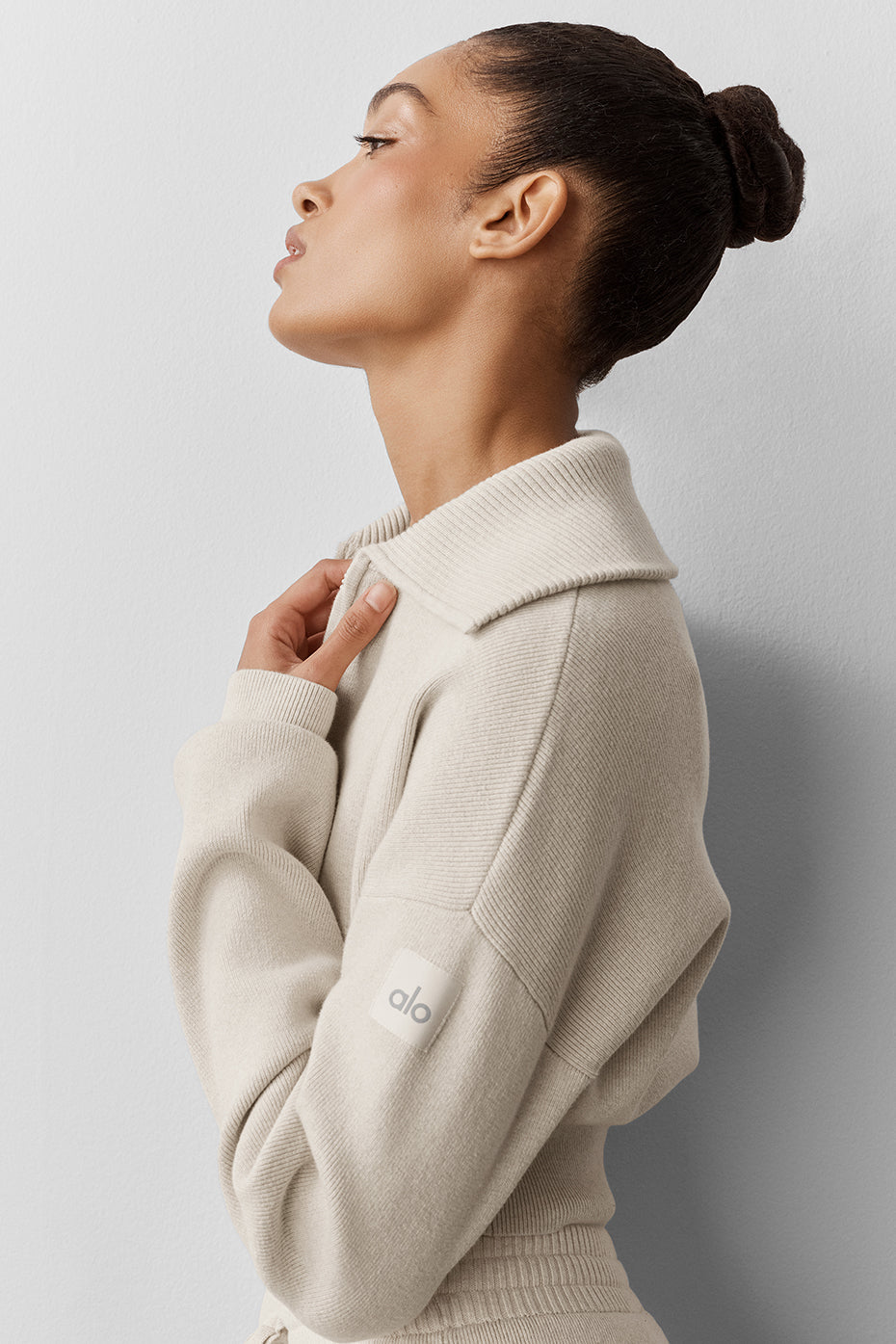 Alo Yoga Scholar Knit Cropped Full Zip Jacket - Oatmeal Heather