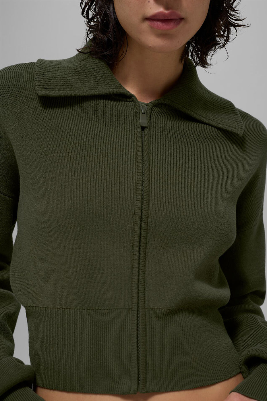 Alo Yoga Scholar Knit Cropped Full Zip Jacket - Green Olive
