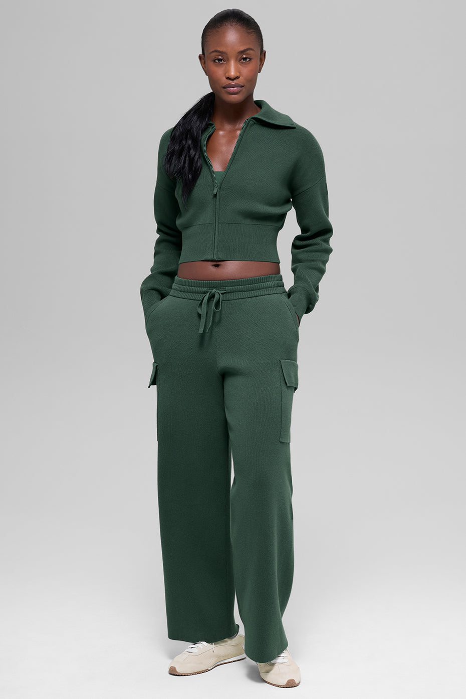 Alo Yoga Scholar Knit Cropped Full Zip Jacket - Clover Green