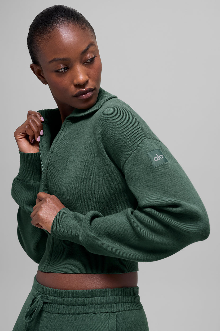 Alo Yoga Scholar Knit Cropped Full Zip Jacket - Clover Green