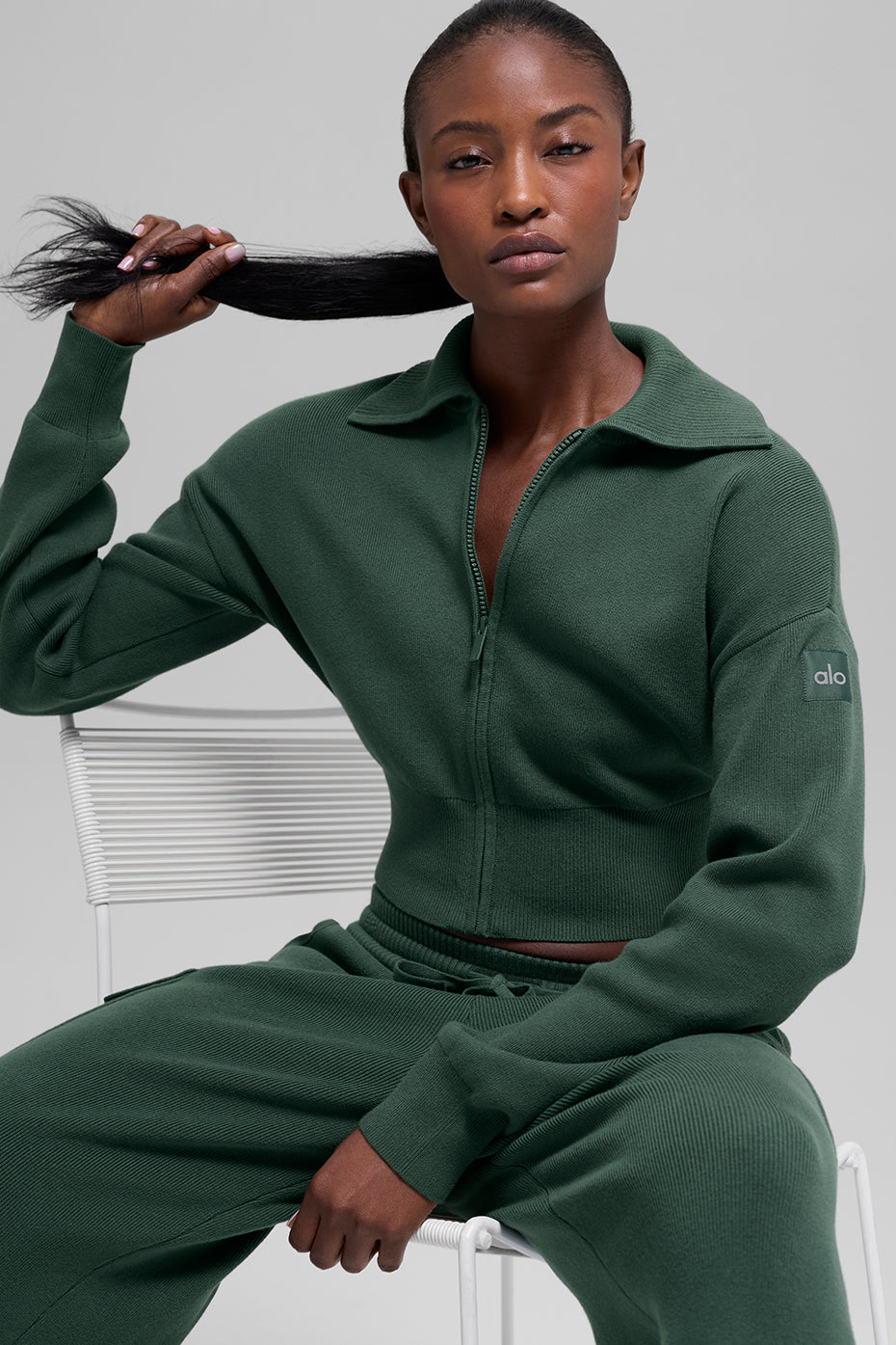Alo Yoga Scholar Knit Cropped Full Zip Jacket - Clover Green