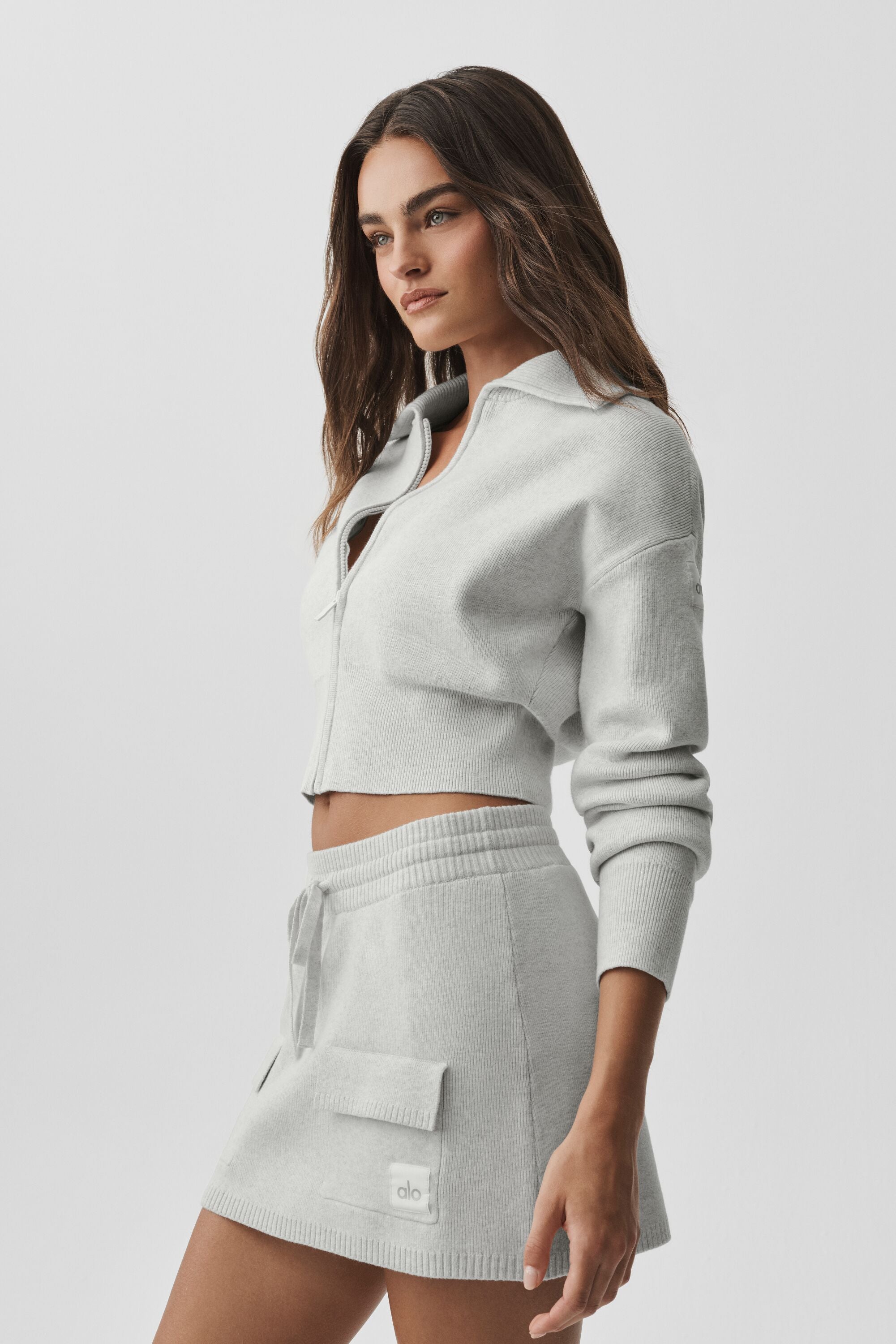 Alo Yoga Scholar Knit Cropped Full Zip Jacket - White Heather